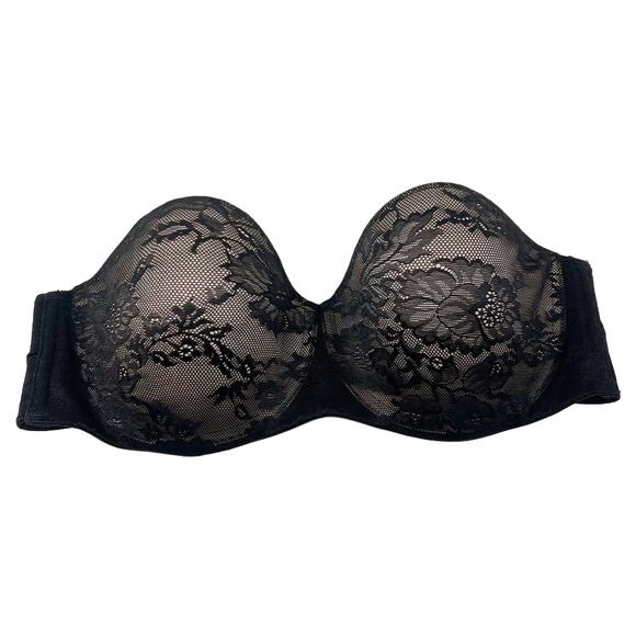 Victorias Secret 36C Black Body by Victoria Lined Strapless Bra Lace Illusion - Picture 1 of 8